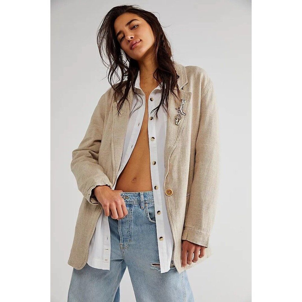 Free People Beige Linen-Blend Blazer